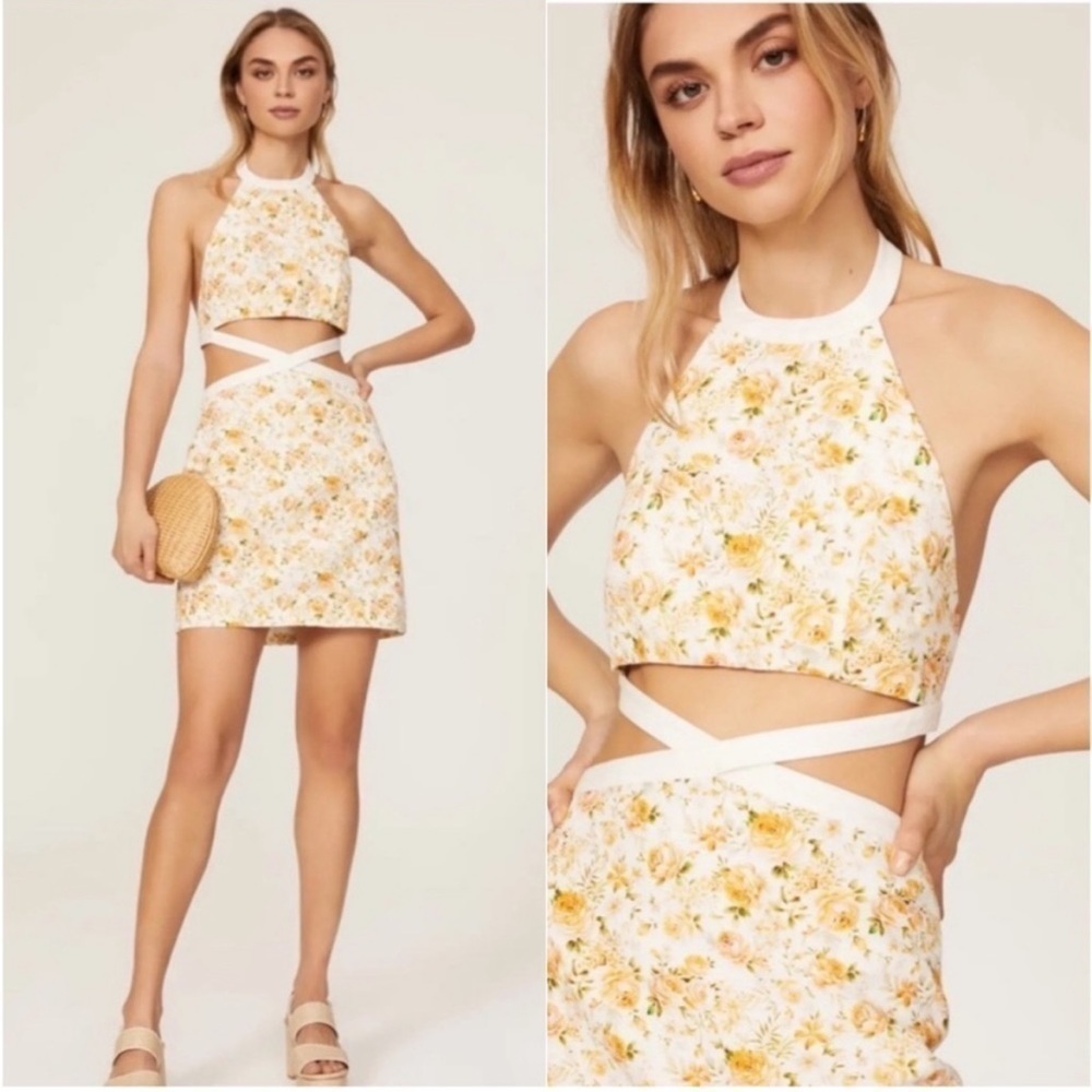 New Significant Other Ari Dress Rosalie Print Yellow Ditsy Floral Waist Cut Out